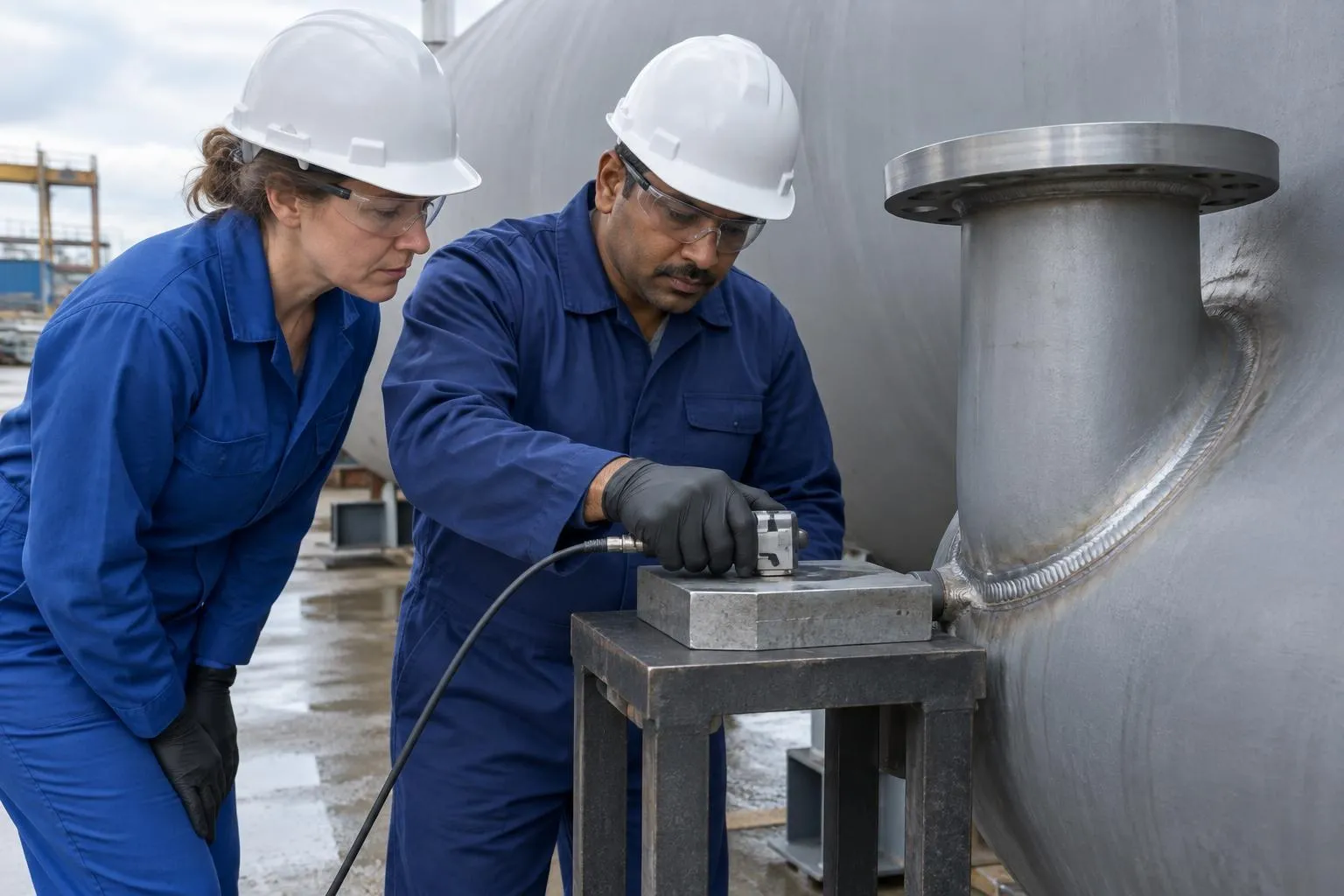 An NDT inspector checks an ultrasonic probe on a reference block as a plant engineer watches beside a pressure vessel.