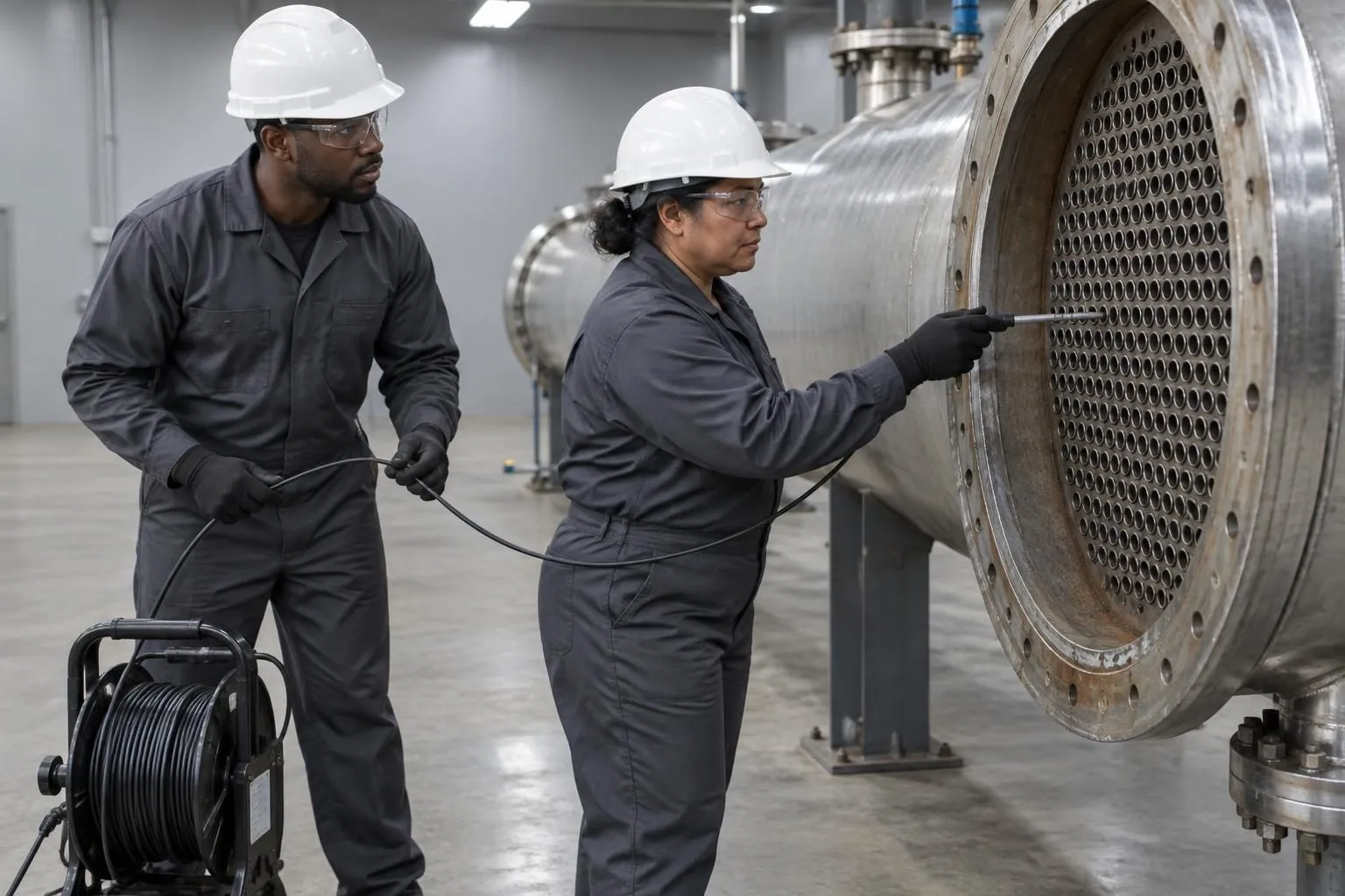 Two NDT inspectors coordinate an eddy-current probe and cable at an opened heat exchanger’s tube sheet.