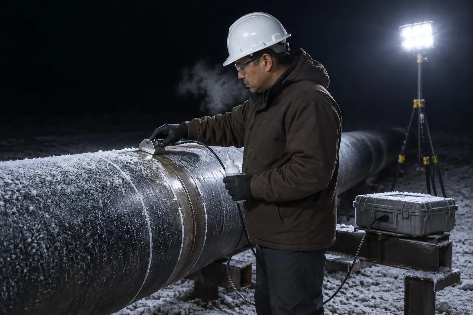 A technician in a hard hat guides an ultrasonic probe along a frosted pipe weld under a floodlight on a cold night.