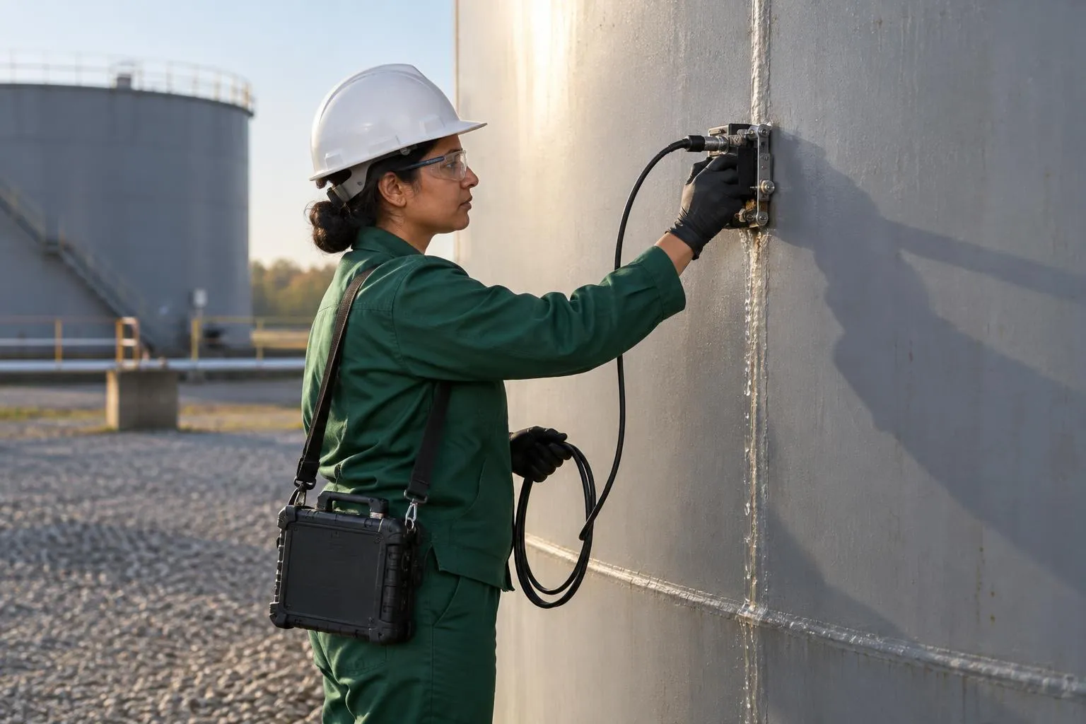 Technician guiding an encoded phased-array scanner along a vertical weld on a steel storage tank in low morning sun.