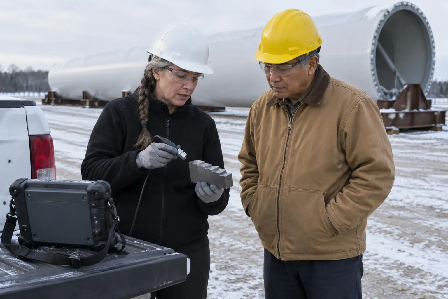 An inspector holds a steel calibration block and probe, explaining her start-of-shift check to a client beside a snowy wind-tower section.