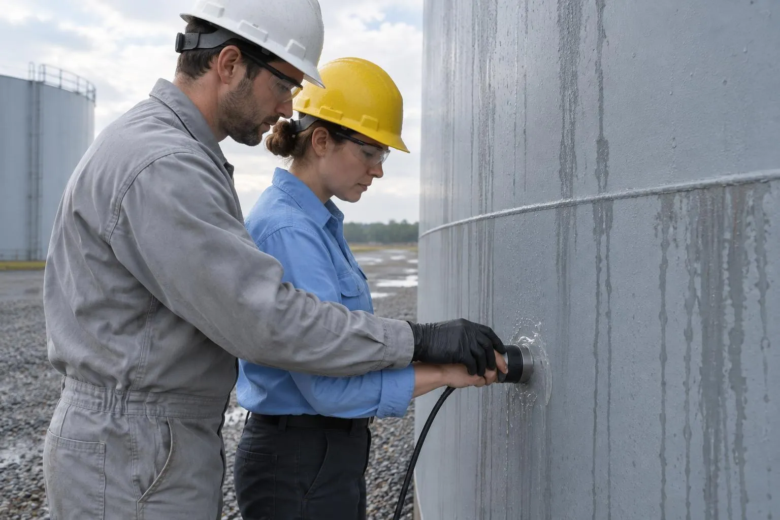 A technician's gloved hand guides a QA manager's hand to set an ultrasonic probe flat on a rain-streaked steel tank wall.