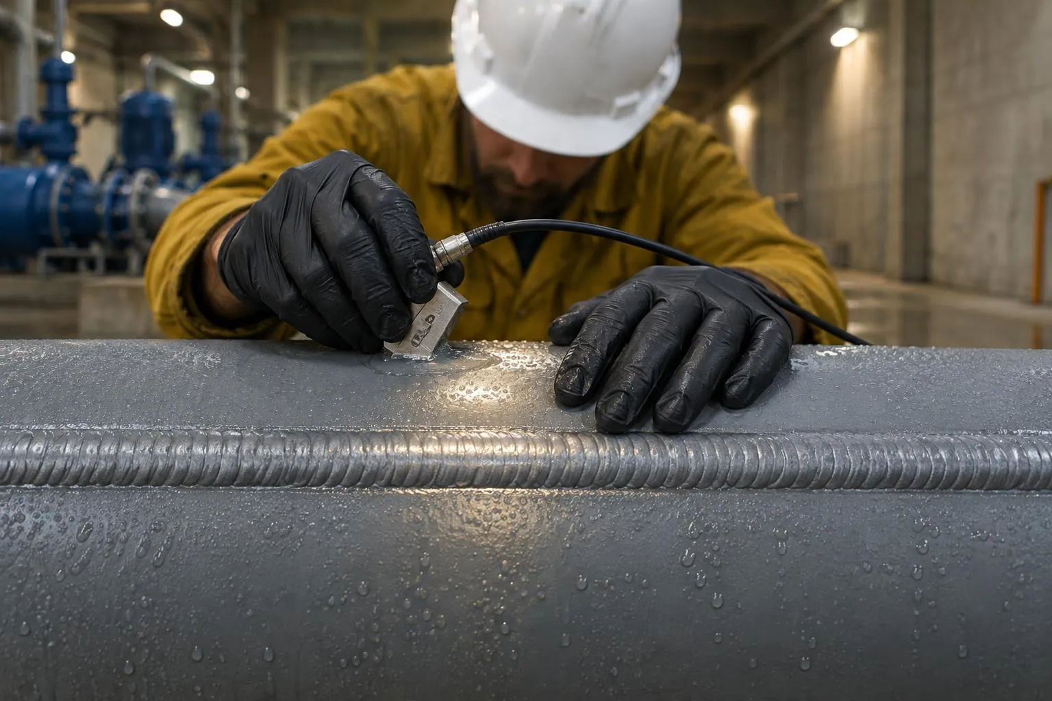 Gloved hands hold an ultrasonic probe beside a smooth, flawless-looking pipe weld while fingertips rest on the weld cap.
